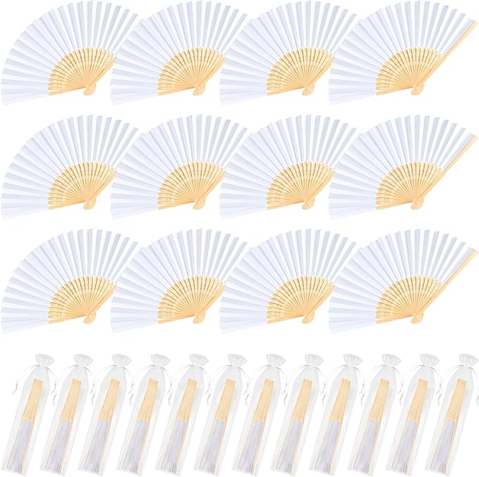 NEBURORA 12Pcs White Handheld Paper Fans 8.3 Inch Hand Held Bamboo Fans Foldable for Wedding Decoration Outdoor Party Favors DIY Decoration Dancing Photography Props