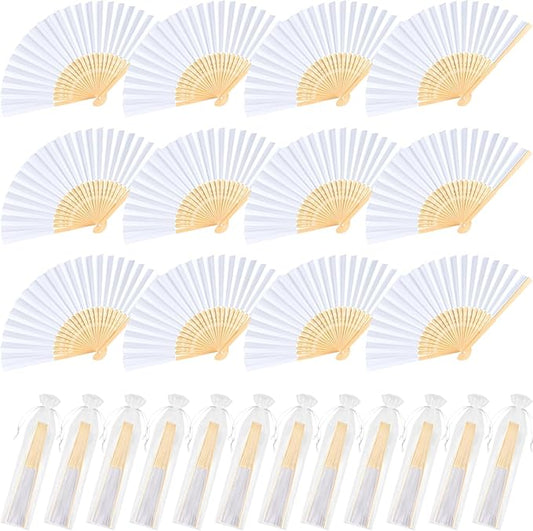 NEBURORA 12Pcs White Handheld Paper Fans 8.3 Inch Hand Held Bamboo Fans Foldable for Wedding Decoration Outdoor Party Favors DIY Decoration Dancing Photography Props