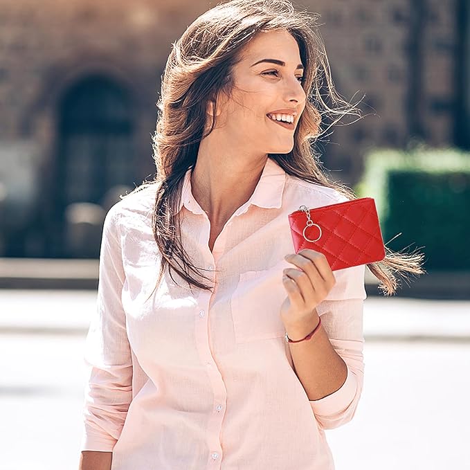 Real Leather Coin Purse with Rhombus Embroidery Zipper Keychain Mini Wallet for Women & Men (Red)