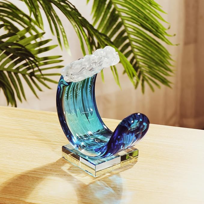 Yao Yuan Hand-Blown Glass Wave Decor Murano-Style Glass Statue and Figurine