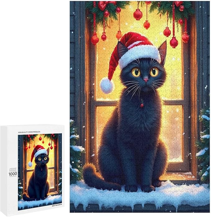 Jigsaw Puzzles for Adults 1000 Piece - Christmas Black Cat Wooden Puzzles, Funny Puzzles，Unique Gifts for Wall Art，Family Puzzles，Educational Games，Challenge Puzzles