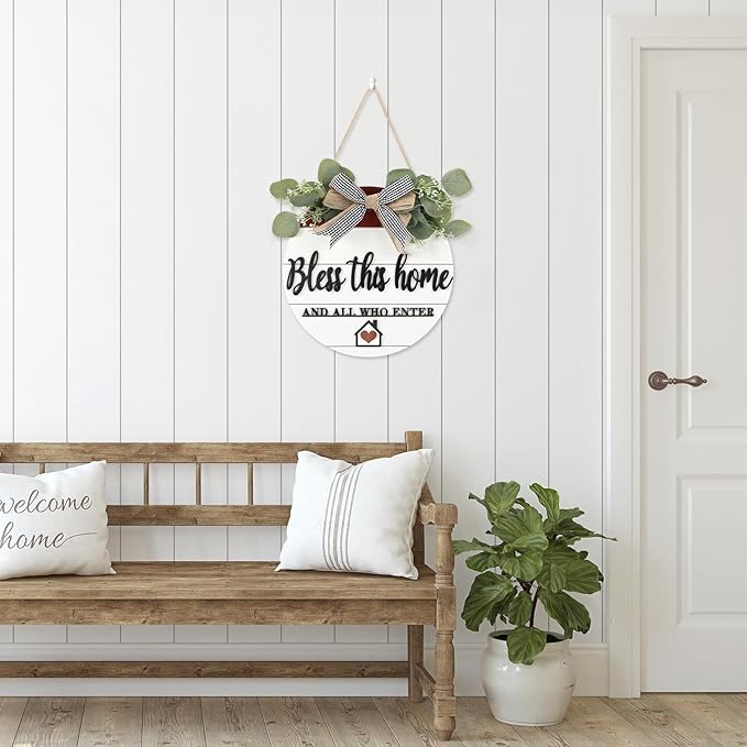 TOARTi 3D Bless This Home Wooden Door Sign Hanging, Welcome Porch Wall Sign with Bow-Knot Wreath, Bless This Home and Who Enter Sign Housewarming Gift for Kitchen/Entryway/Porch/Front Door