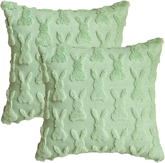 AVOIN colorlife Easter Rabbits Green Throw Pillow Covers, 16 x 16 Inch Bunny Soft Plush Faux Fur Jacquard Cushion Case Decoration for Sofa Couch Set of 2