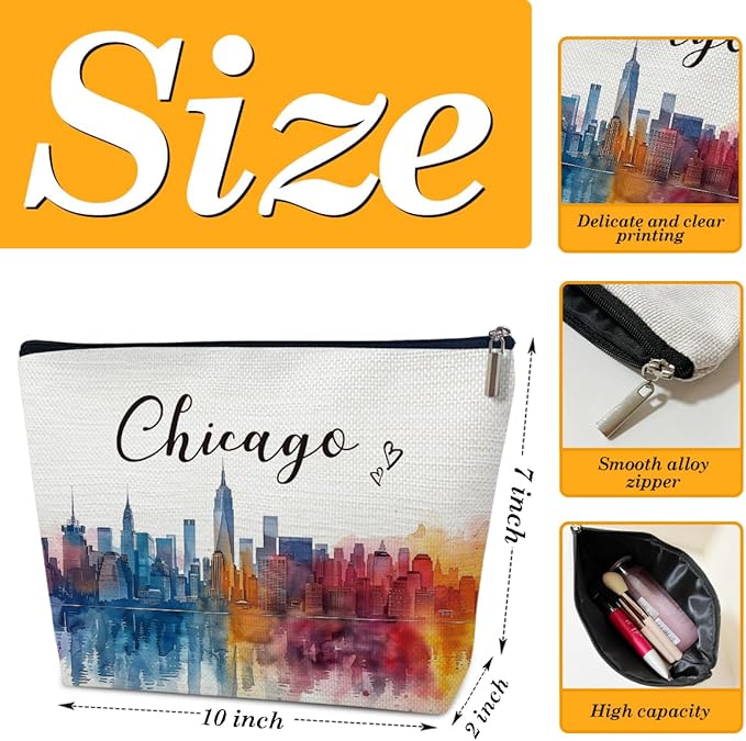 Chicago Travel Gift Makeup Bag, Chicago Souvenir, Watercolor Cosmetic Bag for Purse, Trip Gifts for Traveller, Travelling Lovers, City Themed Organizer