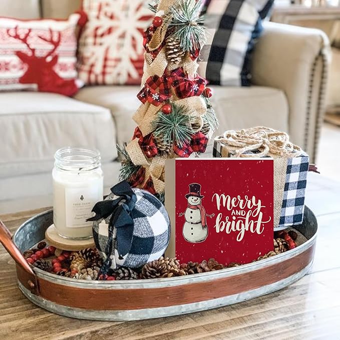 Mtrgdn Christmas Snowman Decor, Merry Christmas Decorations Indoor, Christmas Decor for Table Wood Box Sign,winter Decor for Home Table ,Red Farmhouse Winter Wooden Decorations Merry and Bright