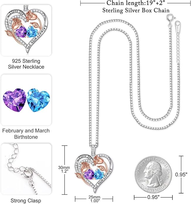 Iefil Valentines Day Gifts for Her - 925 Sterling Silver Rose Heart Birthstone Necklace Birthday Anniversary Jewelry Gifts for Her Wife Mom Daughter