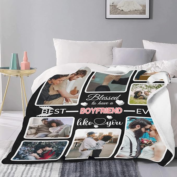 Custom Blanket Gifts for Boyfriend, Customized Blankets with Photos, Make a Personalized Bed Throws, Custom Souvenir Throw Blanket for Best Boyfriend Ever, 8 Collages Made in USA