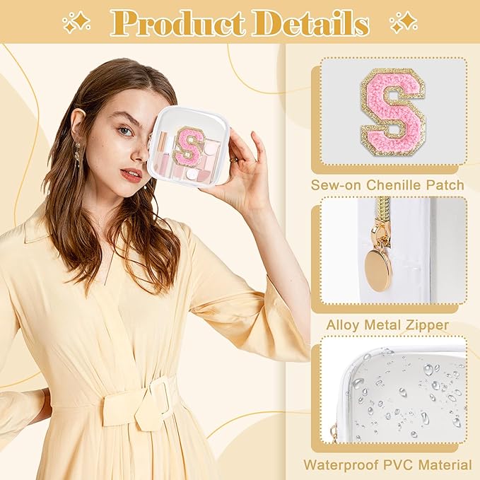 Personalized Initial Letter Clear Preppy Makeup Bag,Mini Nylon Chenille Letter Cosmetic Bag Cute Zipper Pouch Purse for Teen Girls,Portable TSA Approved Beach Travel Essentials Bag Gift for Women,S