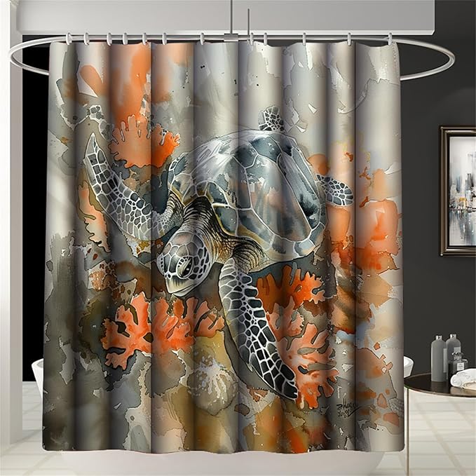 4 Pcs Kids Shower Curtain Set - Sea Turtle Shower Curtain for Bathroom Ocean Themed Shower Curtain Turtle Bathroom Accessories with Rug,and Bath Mat with 12 Hooks