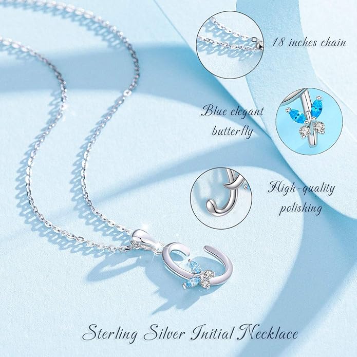 EUDORA Sterling Silver Butterfly Initial Necklaces for Women, Elegant Letter Neckles Personalized Gift for Mother, Sister, Daughter, 18 inch Chai