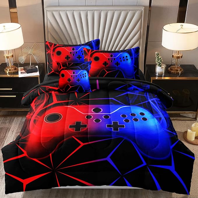 4 Pcs Gamer Full Bedding Set for Boys, Blue-red Gaming Full Size Boys Comforter Set for Teens