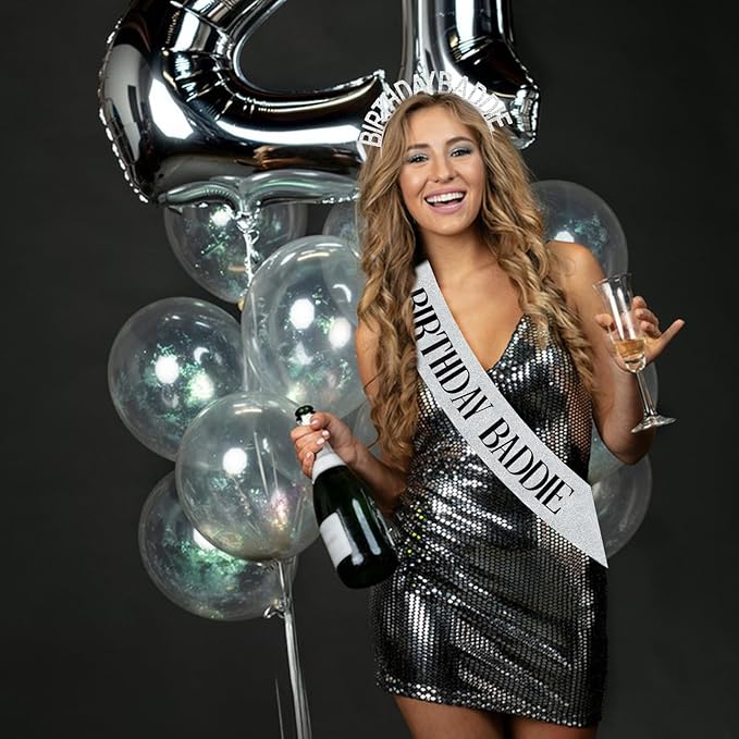 Aprince Birthday Baddie Sash and Tiara Crown for Women Girls Silver Happy Birthday Headband Accessiores Party Decorations