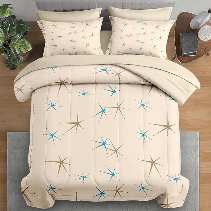 Comforter Set Twin Size, Mid Century Vintage Atomic 5 Pcs Bedding for Kids and Adults, Retro Geometric Science Bed Sheet Sets with Fitted Sheet Pillowcase & Sham for Bedroom Bed Decor