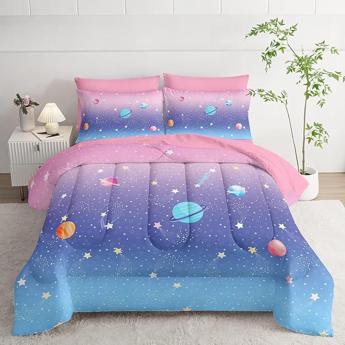 7Pcs Comforter Set Space Planet Multi Color Gradient Printed Bedding Set with 1 Comforter,1 Flat Sheet,1 Fitted Sheet and 4 Pillowcases for Boys and Girls Bedroom All Season(Twin)