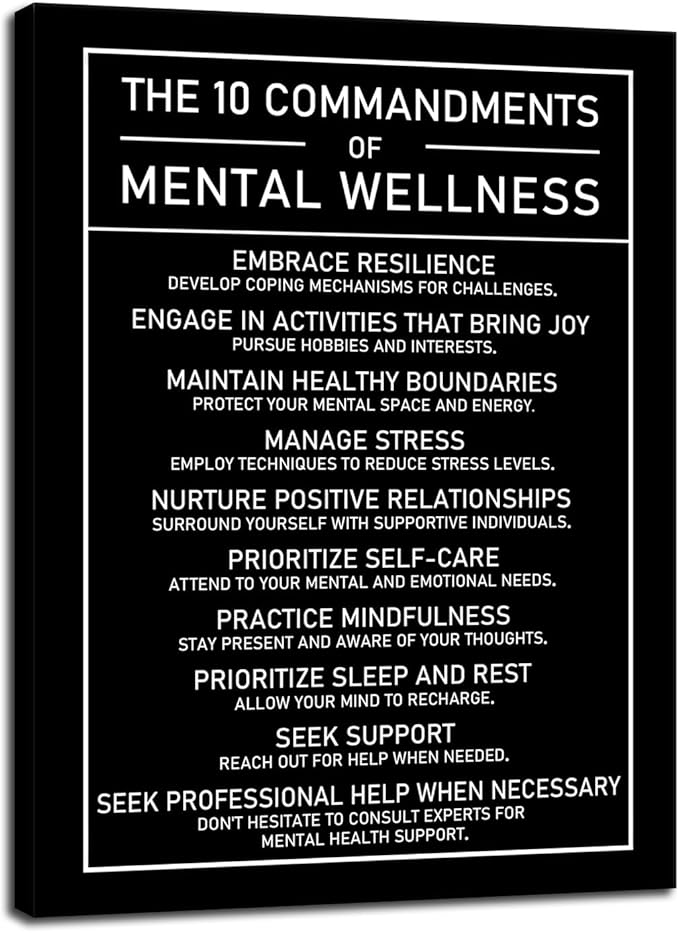 Motivational Canvas Wall Art The 10 Commandments Of Mental Wellness Inspirational Positive Growth Quote Poster Painting Prints for Office Living Room Home Decor Framed Artwork[30''W x 40''H]