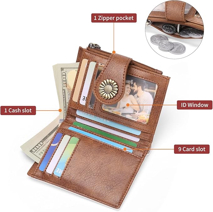 SENDEFN Small Wallets for Women Bifold RFID Blocking Leather Card Holder Compact Wallet with Zipper Coin Pocket