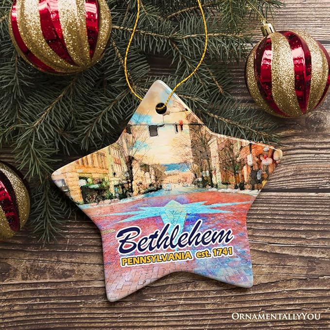 Historical Bethlehem City Ceramic Ornament, Pennsylvania Travel Christmas Keepsake