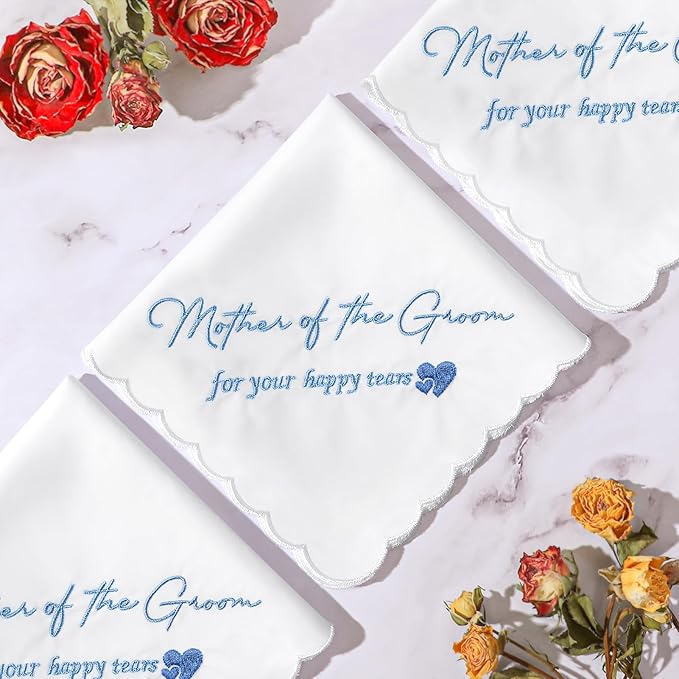 Wedding Handkerchief Something Blue for Bride, Mother Father of the Brides Groom Gifts, Embroidered Happy Tears Cotton Hanky