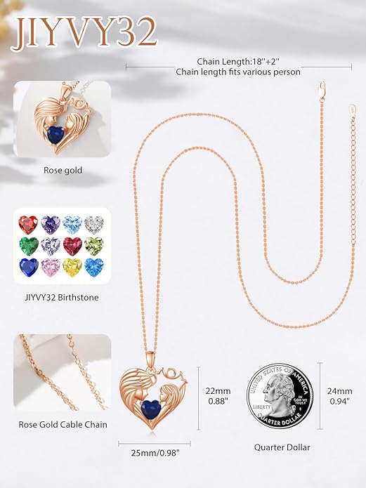 Mother and Daughter/Son Love Heart Necklace White Gold/14K Gold/Rose Gold Birthstone Jewelry Christmas Mothers Day Birthday Gifts For Mom Wife Grandma Women