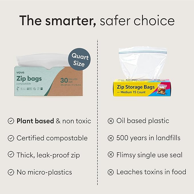 Vove Compostable Quart Bags, Large 30 Count – Freezer Safe, Leak Resistant, Non Toxic Food Storage for Leftovers & Meal Prep, Plastic-Free Eco Bags