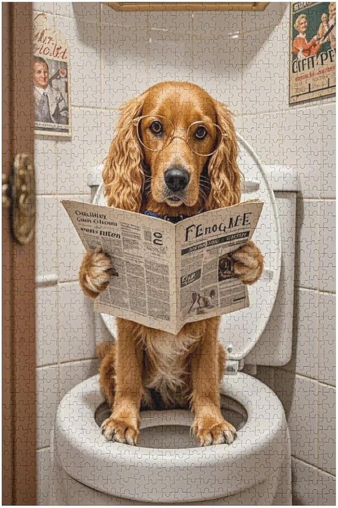Funny Wooden Puzzle - Goldendoodle on Toilet Reading Newspaper Puzzle for Adult 1000 Piece，Wooden Jigsaw Puzzles Art Leisure Game Fun Suitable Family Friends Educational Learning Games Gift
