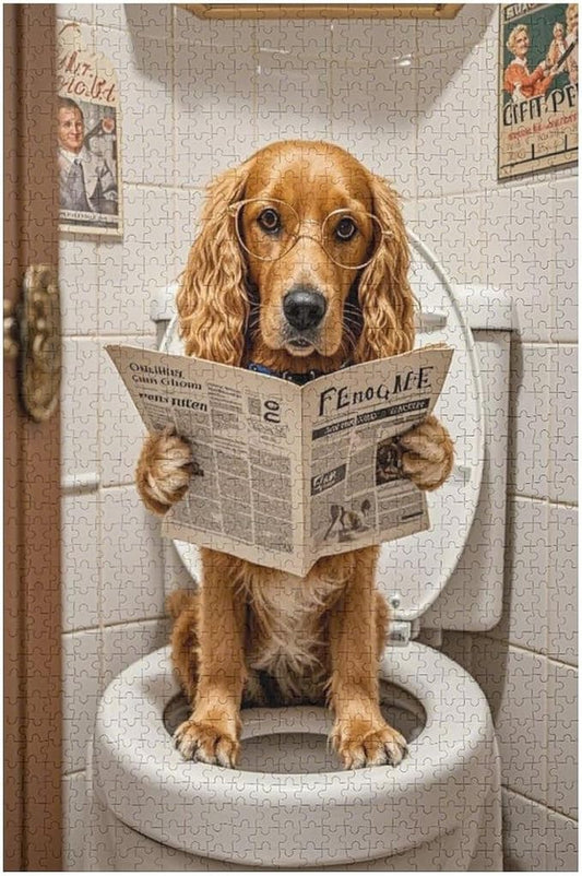 Funny Wooden Puzzle - Goldendoodle on Toilet Reading Newspaper Puzzle for Adult 1000 Piece，Wooden Jigsaw Puzzles Art Leisure Game Fun Suitable Family Friends Educational Learning Games Gift