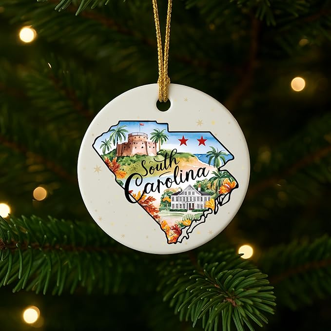 USA State Landmark Ceramic Ornament – Round Glossy Christmas Decoration Featuring U.S. State Art, Landmarks & Holiday Scenery – Collectible Travel Souvenir Ornament Series (South Carolina)