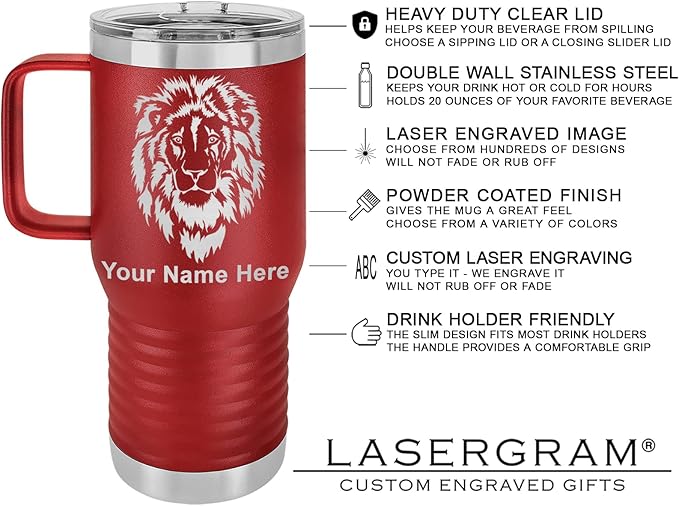 LaserGram 20oz Vacuum Insulated Travel Mug with Handle, Starfish, Personalized Engraving Included (Maroon)