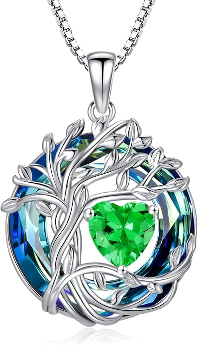 TOUPOP Tree of Life Birthstone Necklace 925 Sterling Silver Pendant Austrian Crystal Jewelry Anniversary Valentine's Day Birthday Gifts for Women Mom Her Wife