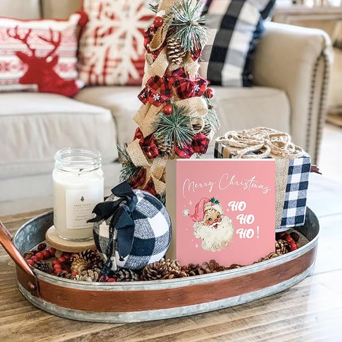 Mtrgdn Pink Santa Claus Decor Sign,Pink Merry Christmas Indoor Wood Box Signs Decorations,Rustic Santa Decor for Home Bathroom Bedroom Kitchen Office Desk Table Shelf Wall,Christmas Gifts for Women,5x5 Inch