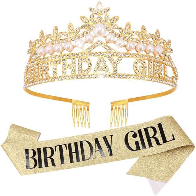 Gold Birthday Girl Crown and Sash, Pearl Birthday Tiara, Gold Birthdays Decorations Set, Princess Crown Tiara for Women and Girls