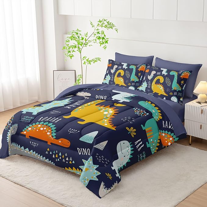 7Pcs Comforter Set Cartoon Dinosaur Printed Bedding Set with 1 Comforter, 1 Flat Sheet, 1 Fitted Sheet and 4 Pillowcases for Boys and Girls Bedroom All Season(Full)