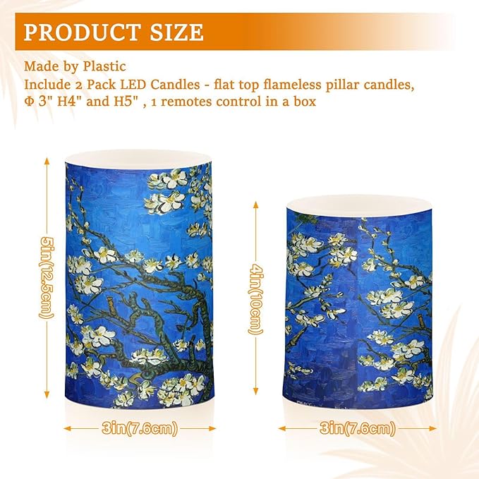 Van Gogh Almond Blossom Flickering Flameless Candles Battery Operated with Remote Timer,Tea Light Candles LED Pillar Votive Candles Set of 2 for Outdoor Indoor Decorations