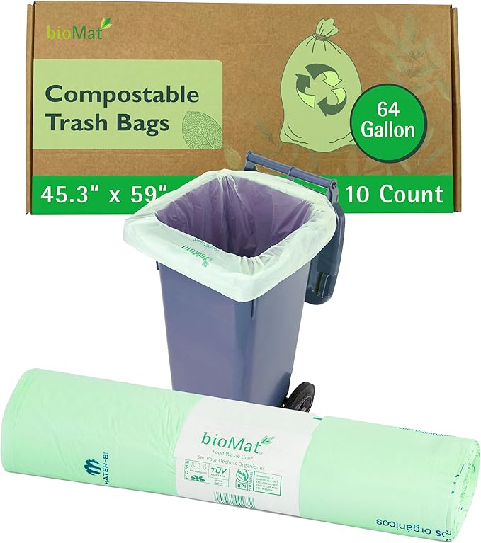 bioMat 64 Gallon Compostable Trash Bags, 10 Count, Extra Large Kitchen Compost bags for Food Waste, BPI ASTM D6400 Certified Kitchen Food Scrap Waste Bags