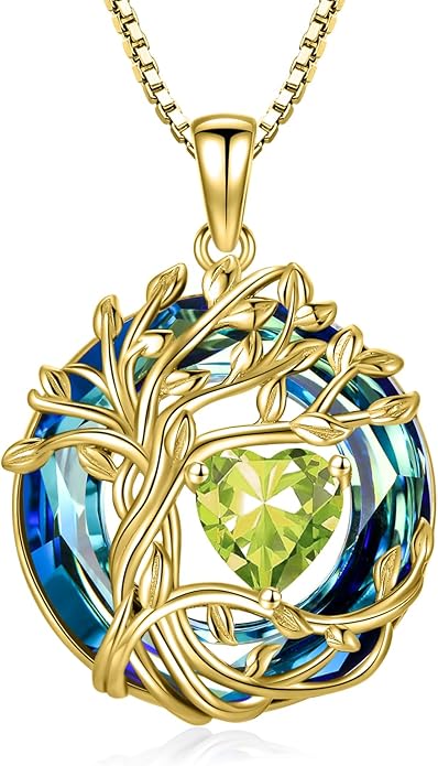 TOUPOP Tree of Life Birthstone Necklace 925 Sterling Silver Pendant Austrian Crystal Jewelry Anniversary Valentine's Day Birthday Gifts for Women Mom Her Wife