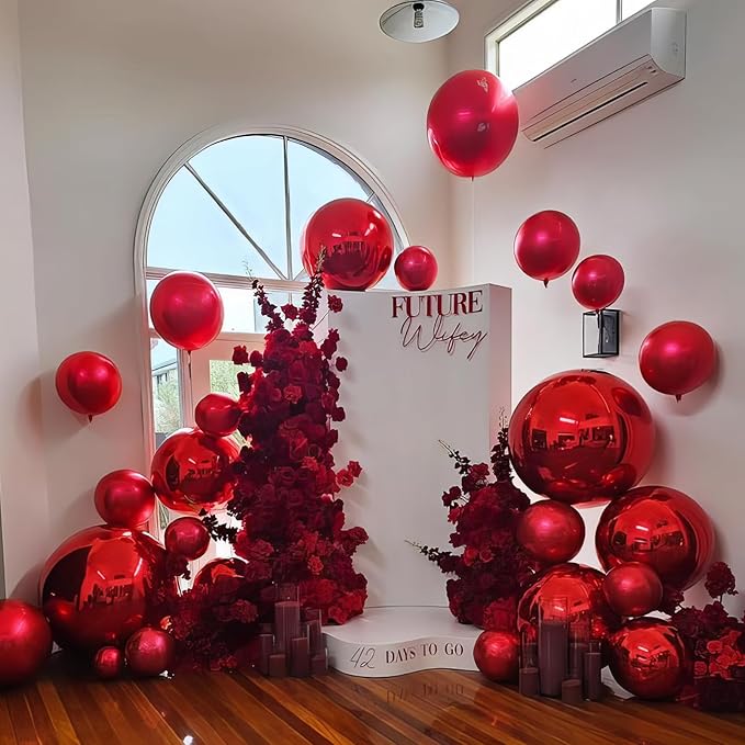 12PCS Red Round Foil Balloons, 22" 15" 10" Large 4D Ball Balloons Metallic Red Mirror Balloon for Graduation Christmas Valentines Galentines Day Wedding Birthday Party Decorations