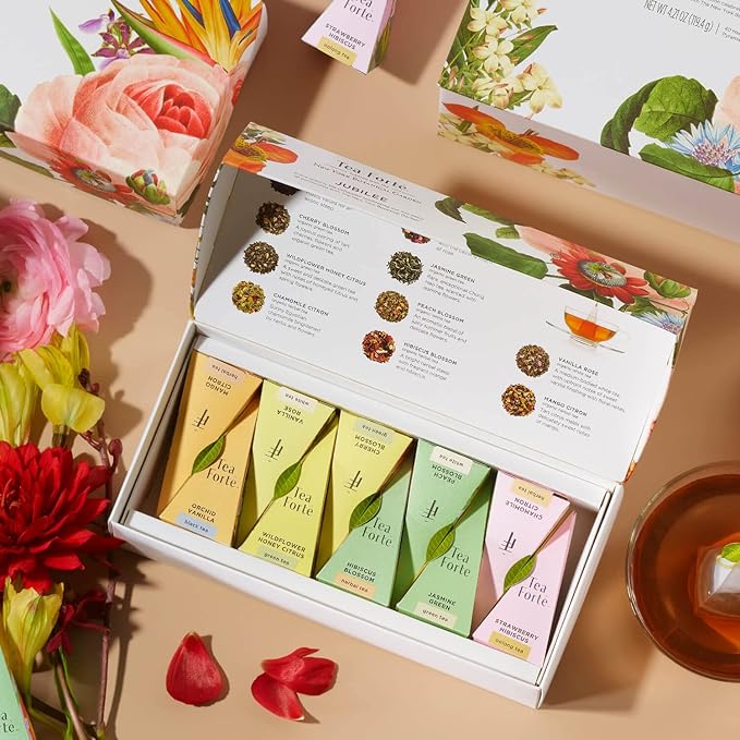 Tea Forte Premium Petite Presentation Box Gift Set Sampler, 10 Count, 2 of Each Blend Individually Wrapped Handcrafted Pyramid Infuser Bags, Jubilee Tea