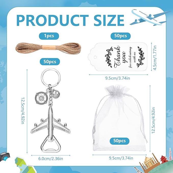 VZCBZC 50PCS Airplane Bottle Opener Keychain for Travel Party Favors Air Plane Beer Bottle Openers for Guests,Party Souvenirs or Decorations