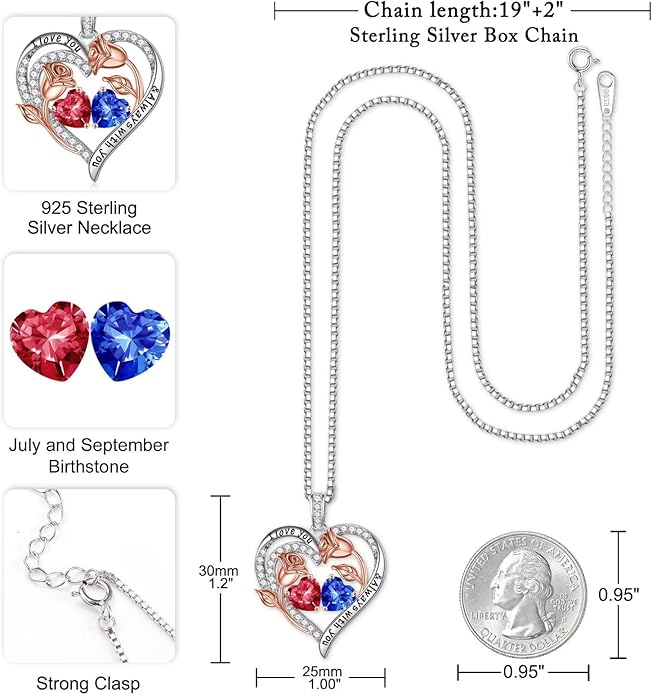 Iefil Valentines Day Gifts for Her - 925 Sterling Silver Rose Heart Birthstone Necklace Birthday Anniversary Jewelry Gifts for Her Wife Mom Daughter