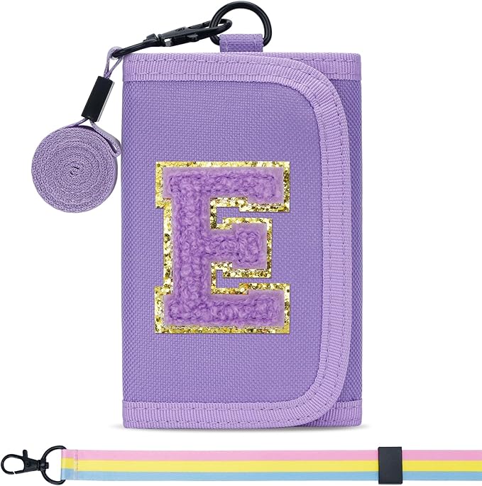 Gifts for Girls 3 4 5 6 7 8 9 10 11 12 Years Old Kids Wallet Cute Initial Coin Purse Toddler Wallet with Magic Sticker (Purple, E)