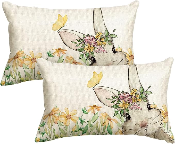 AVOIN colorlife Easter Yellow Floral Garland Bunny Throw Pillow Cover, 12 x 20 Inch Spring Rabbit Holiday Cushion Case Decoration for Sofa Couch Set of 2
