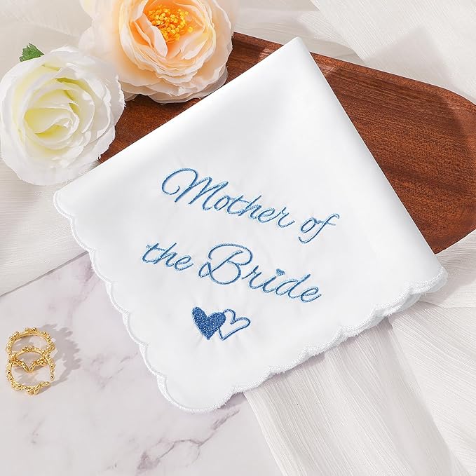 Wedding Handkerchief Something Blue for Bride, Mother Father of the Brides Groom Gifts, Embroidered Happy Tears Cotton Hanky