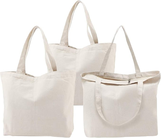 Segarty 3PCS 16.5x13 inch Natural Heavy DIY Tote for Crafting, Ironing and Embroidering, White Canvas Reusable Grocery Shopping Bag with Zipper