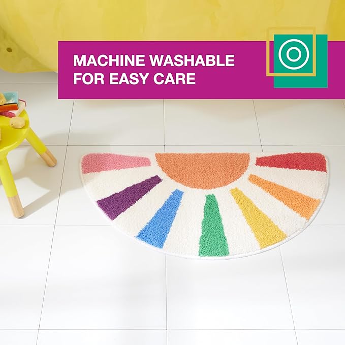 TOWN & COUNTRY PLAY Hello Sunshine Rainbow Sun Half Circle Shaped Bath Mat, Absorbent Tufted Floor Mat, Non-Slip Backing, Machine Washable, Multicolor, 32.7"x16.5"