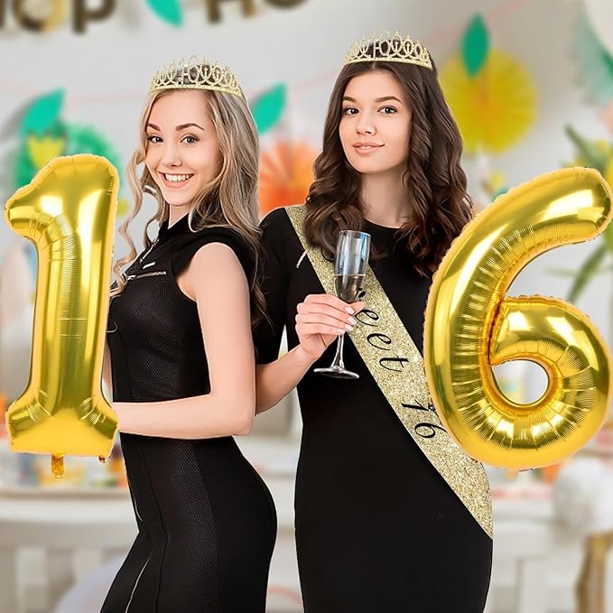 16th Birthday Decorations for Girls Gold with Sweet 16 Sash and Tiara, Cake Topper and Candles, Number Balloons, Sweet 16 Party Decoration Gifts