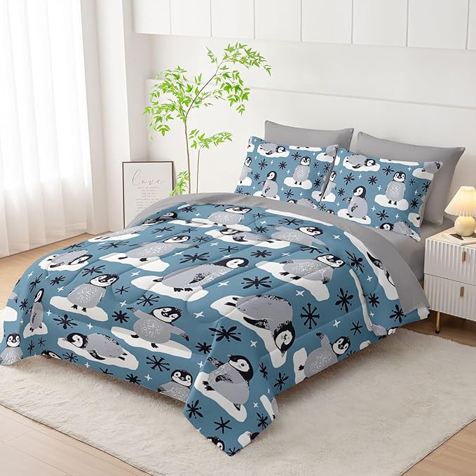 7Pcs Comforter Set Cartoon Penguin Black Snowflakes Printed Bedding Set with 1 Comforter,1 Flat Sheet,1 Fitted Sheet and 4 Pillowcases for Boys and Girls Bedroom All Season(Twin)