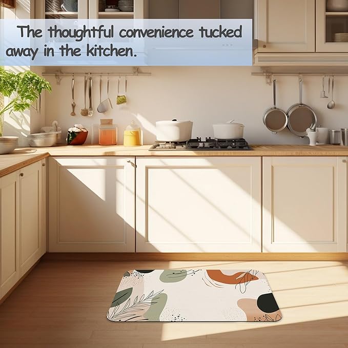 Abstract Boho Lines Leaf Fast Drying Absorbent Bathroom Mat, Non-Slip Rubber Backing Thin Low-Profile Bath Rug, Easy-Clean Bathroom Floor Mat for Shower, Bathtub, Kitchen, or Entryway