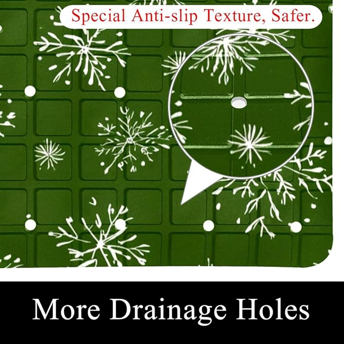 Bathtub Mats for Shower Tub, Christmas White Snowflakes Green Pattern Anti-Slip Bath Mats for Inside Tub, Bathroom Shower Mats with Drain Holes and Suction Cups