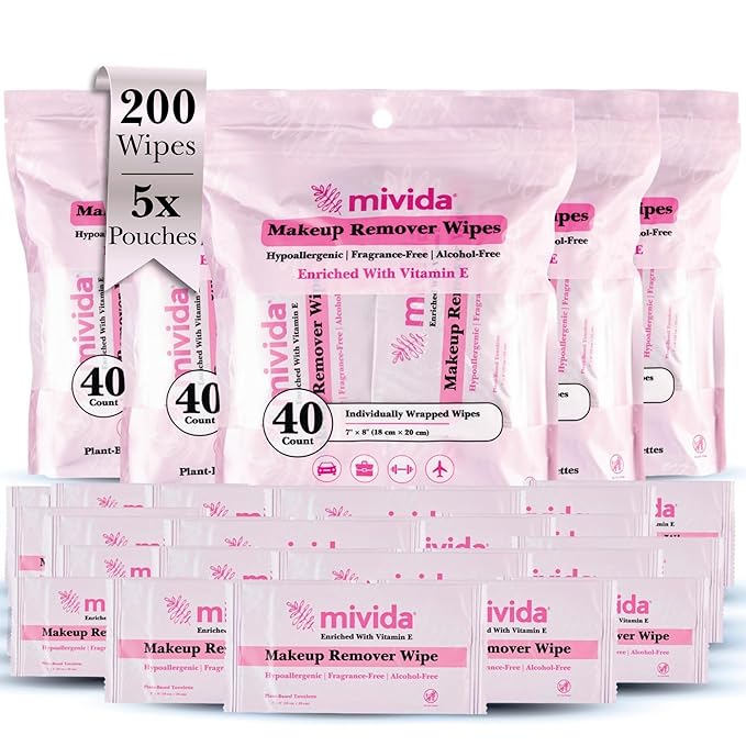 mivida Hypoallergenic Makeup Remover Wipes Individually Wrapped with Vitamin E, Alcohol Free, Fragrance Free Make up Remover Wipes for Face, Gentle for Sensitive Skin, Plant-Based 40 x 5 (total 200ct)