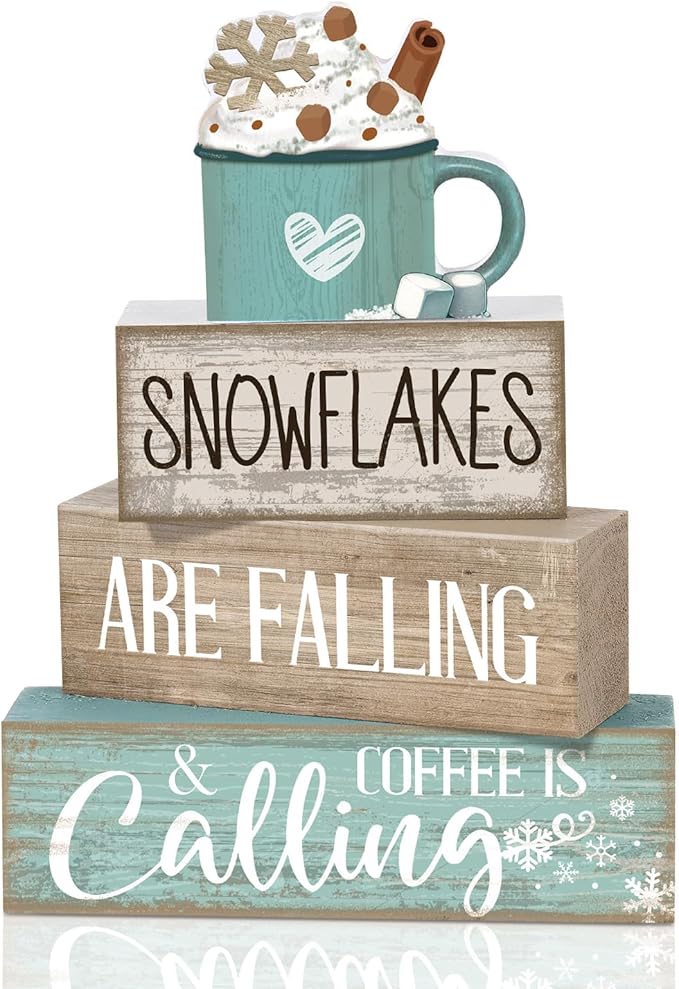 4 Pcs Winter Table Decor Wooden Milk Cocoa Decoration Winter Tiered Tray Centerpiece Decorative Blue Hot Cocoa Block Signs Gift Farmhouse Decoration for Home Kitchen